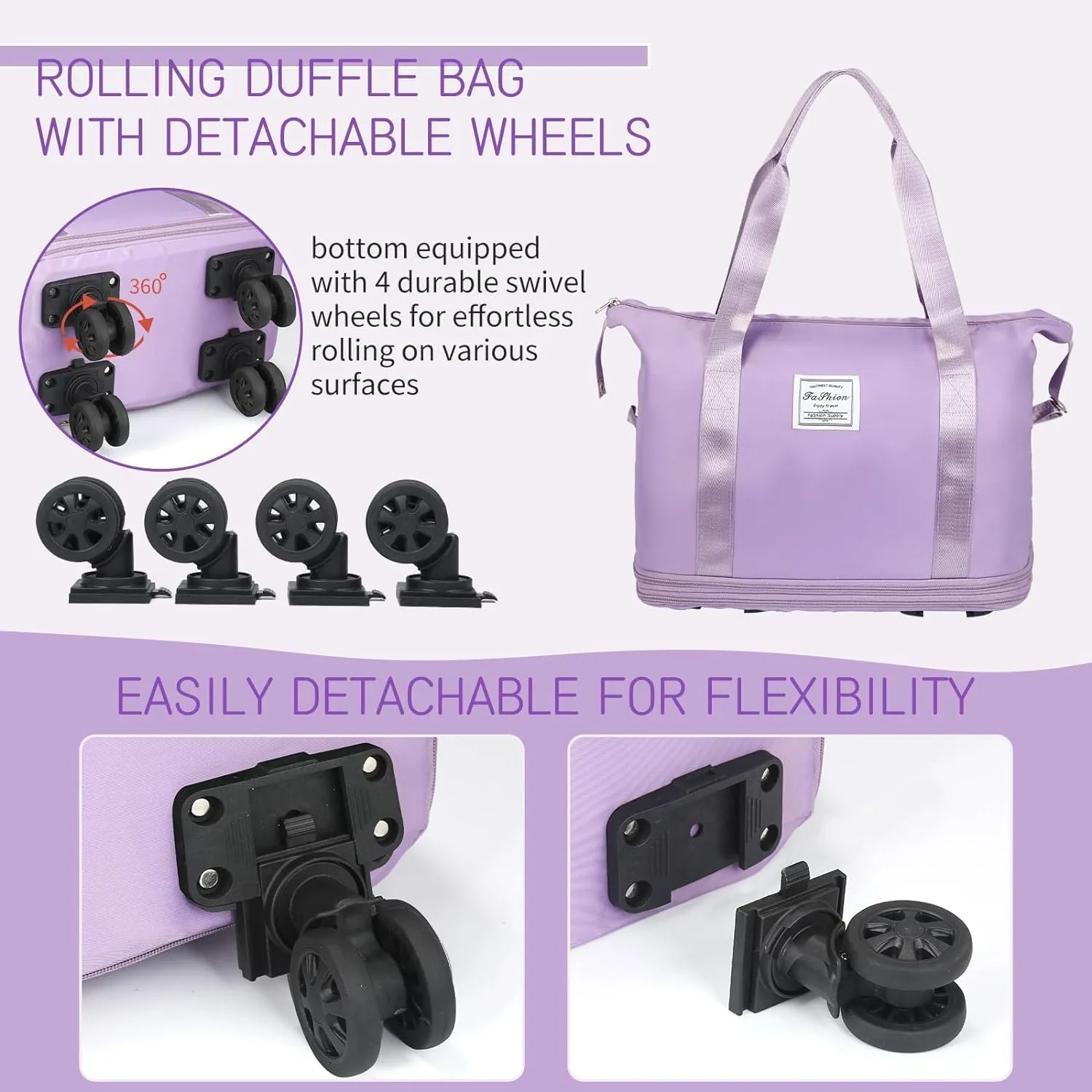Rolling Duffle Bag with Wheels, Expandable Foldable Duffle Bag with Wheels and Handle for Travel, Rolling Luggage bag Carry on Duffel Bag, Wheeled Travel Duffle Bag, Large Weekend Bag, Purple, L