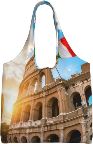 Roman Colosseum Italian Flag Print Women's Canvas Handbag,Sturdy Cotton Handbag With Patterned Shoulder Bag