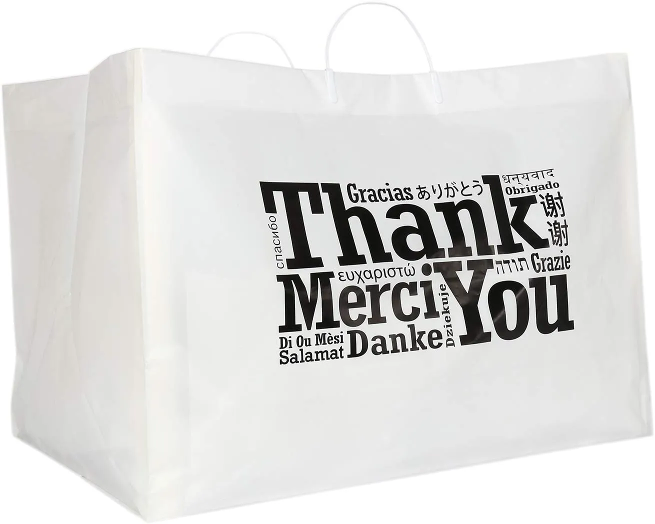 Royal Recyclable Plastic Shopping Bags with Rigid Handles, 22 x 14 x 15 Inches, Multilingual "Thank You" Design, Case of 50