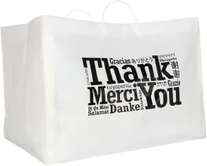 Royal Recyclable Plastic Shopping Bags with Rigid Handles, 22 x 14 x 15 Inches, Multilingual "Thank You" Design, Case of 50