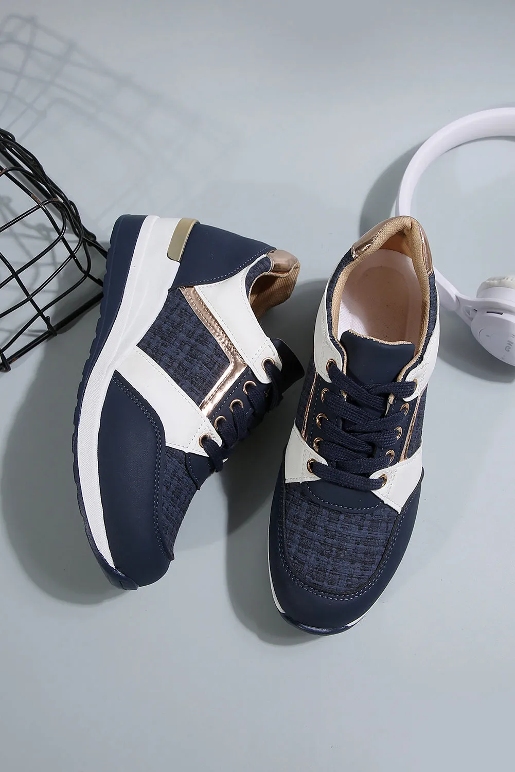 Sail Blue Glitter Patched Lace-up Wedge Sneakers