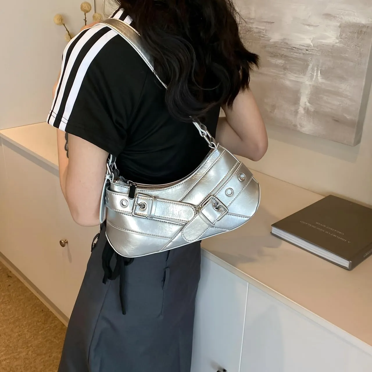 Sanxine Shoulder Bag for Women Y2k Small Purse Designer Punk Style Hobo Handbags Vegan Leather Trendy Crescent Bags