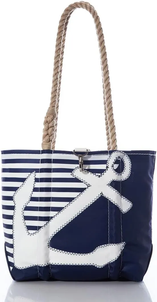 Sea Bags Recycled Sail Cloth Breton Stripe White Anchor Handbag Shoulder Bag, Small Tote Bag Rope Handles, Clasp Closure Rope Handles
