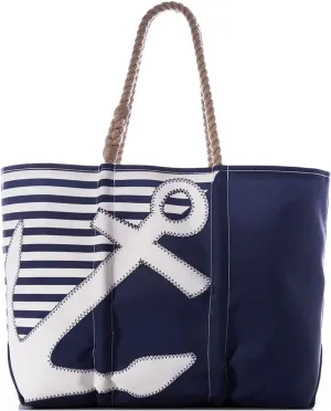 Sea Bags Recycled Sail Cloth Breton Stripe White Anchor Large Tote Bag Beach Bag Tote, Large Travel Bag, Tote Bag for Work Rope Handles