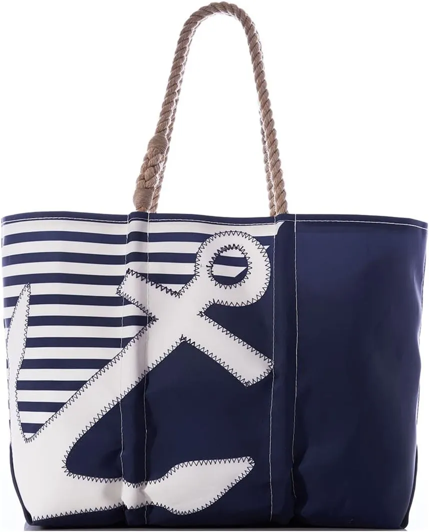 Sea Bags Recycled Sail Cloth Breton Stripe White Anchor Large Tote Bag Beach Bag Tote, Large Travel Bag, Tote Bag for Work Rope Handles