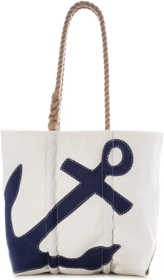 Sea Bags Recycled Sail Cloth Navy Anchor Medium Tote Travel Tote Bag, Carry On Bag, Tote Bag for Work Hemp Rope Handles