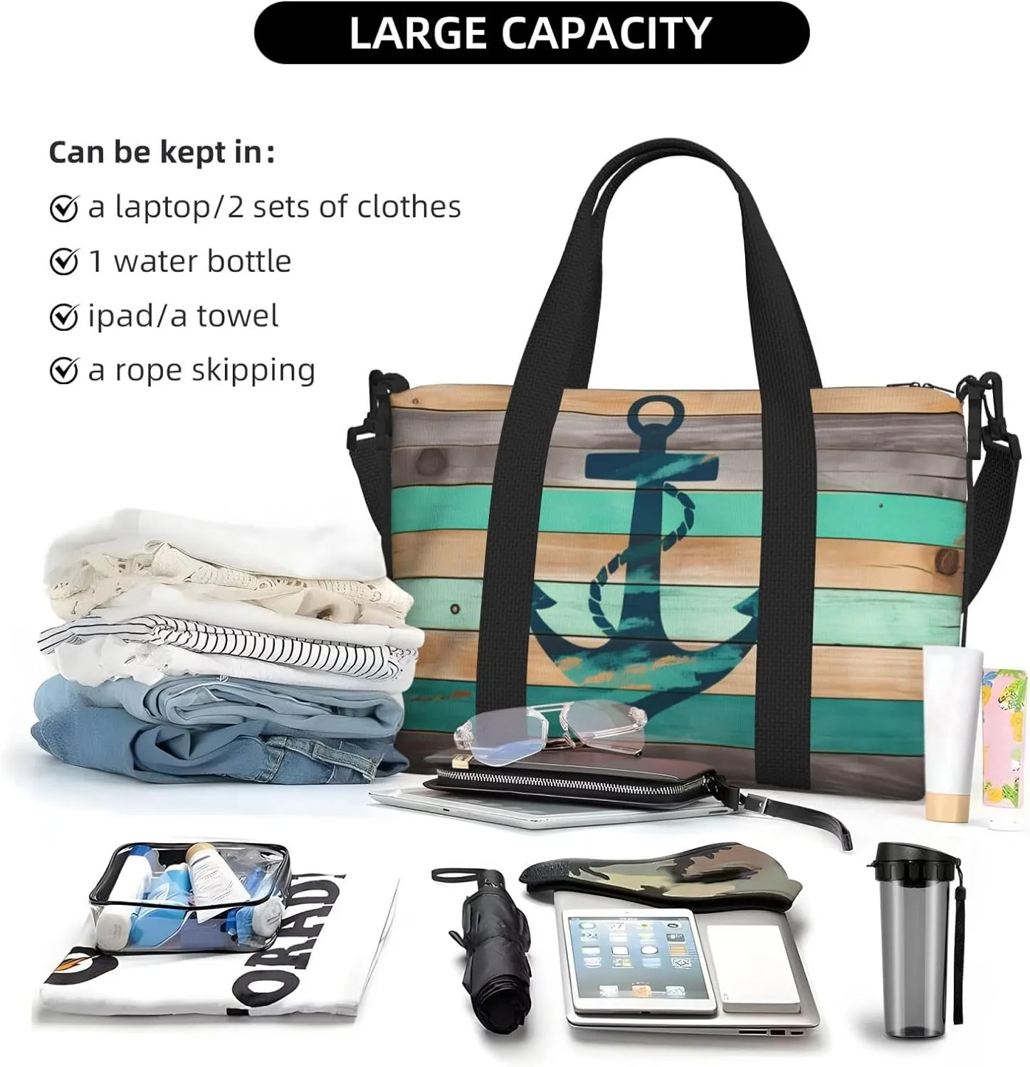 Sea Ship Anchor Travel Duffel Bags for Women Men, Sports Training Gym Bag Dance Bag with Adjustable Shoulder Strap Old Wood Weekender Overnight Bag