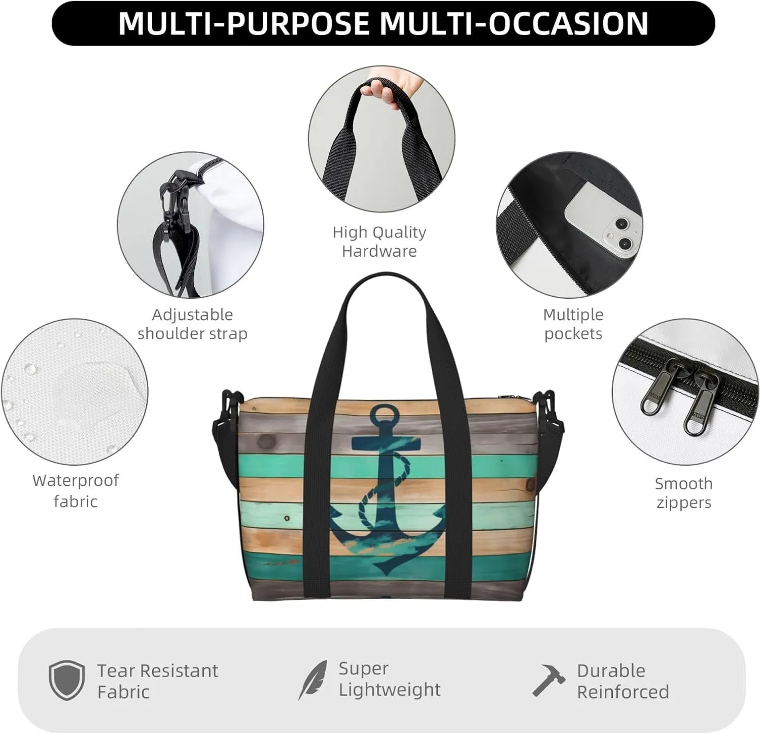 Sea Ship Anchor Travel Duffel Bags for Women Men, Sports Training Gym Bag Dance Bag with Adjustable Shoulder Strap Old Wood Weekender Overnight Bag