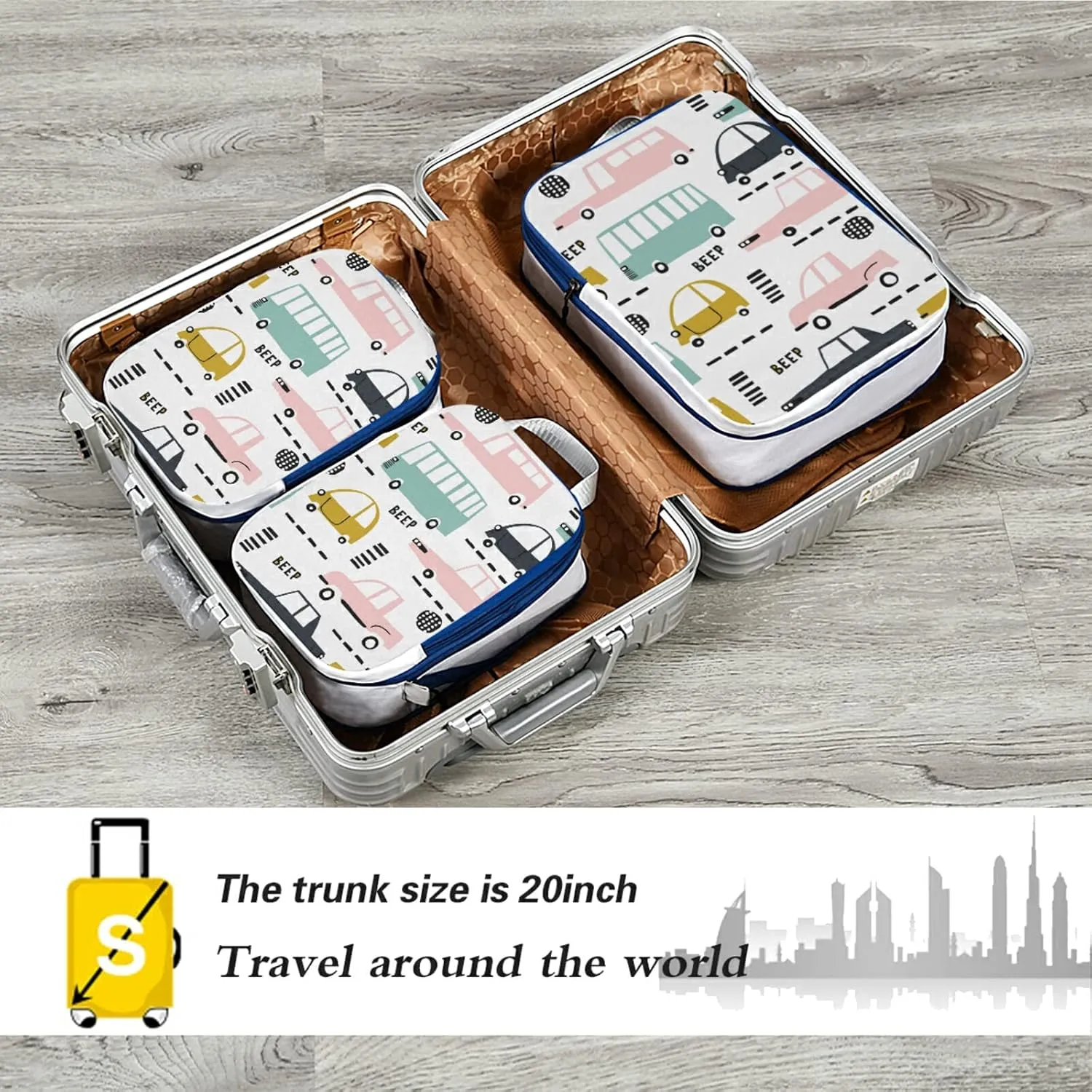 Seamless Cartoon Cars, Road Hatches, Zebra Crossing on White 3 Piece set Cubes Expandable Adjustable Luggage Packing Bags, Ultralight Organizer Accessories Travel Suitcase Compressible Bags
