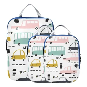 Seamless Cartoon Cars, Road Hatches, Zebra Crossing on White 3 Piece set Cubes Expandable Adjustable Luggage Packing Bags, Ultralight Organizer Accessories Travel Suitcase Compressible Bags