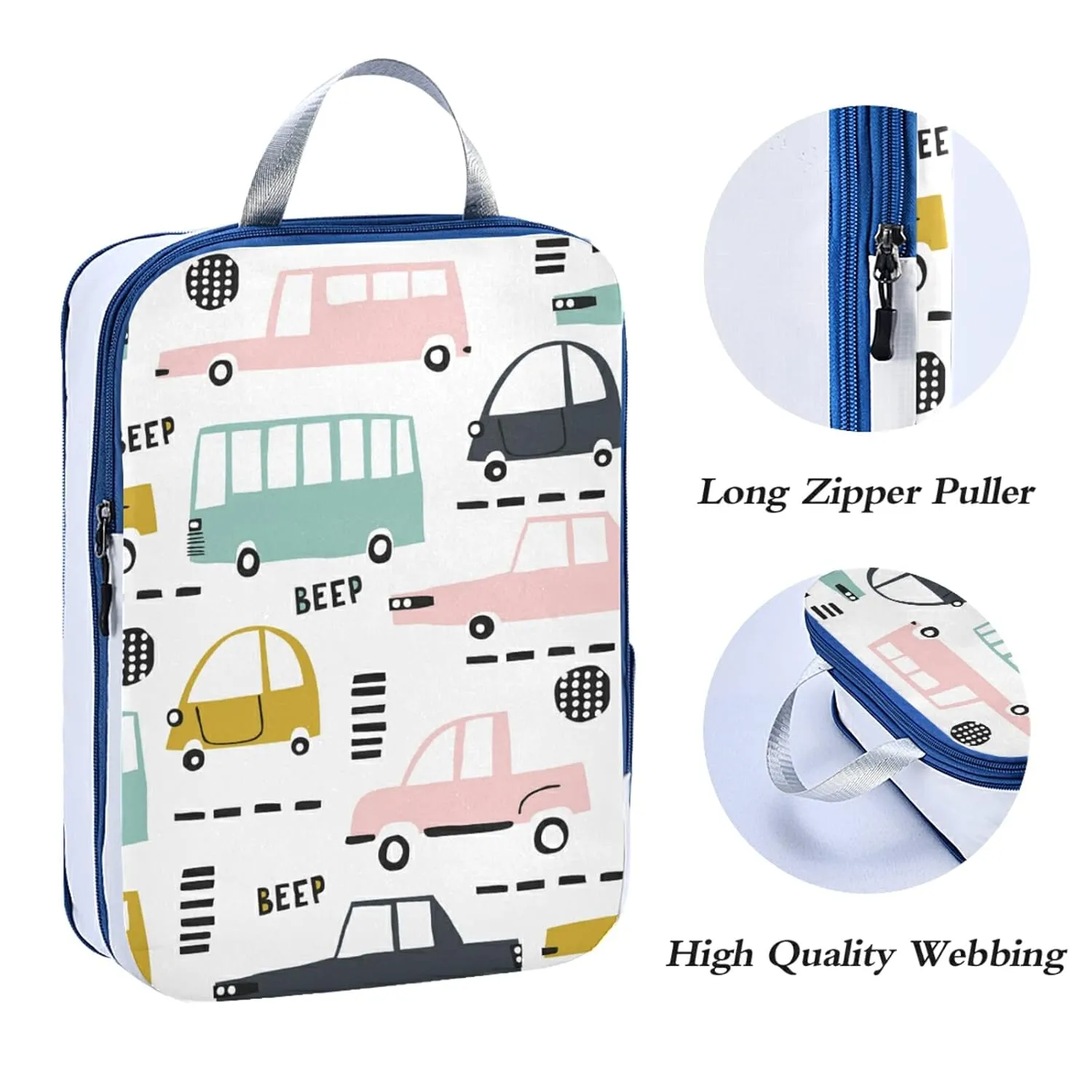 Seamless Cartoon Cars, Road Hatches, Zebra Crossing on White 3 Piece set Cubes Expandable Adjustable Luggage Packing Bags, Ultralight Organizer Accessories Travel Suitcase Compressible Bags