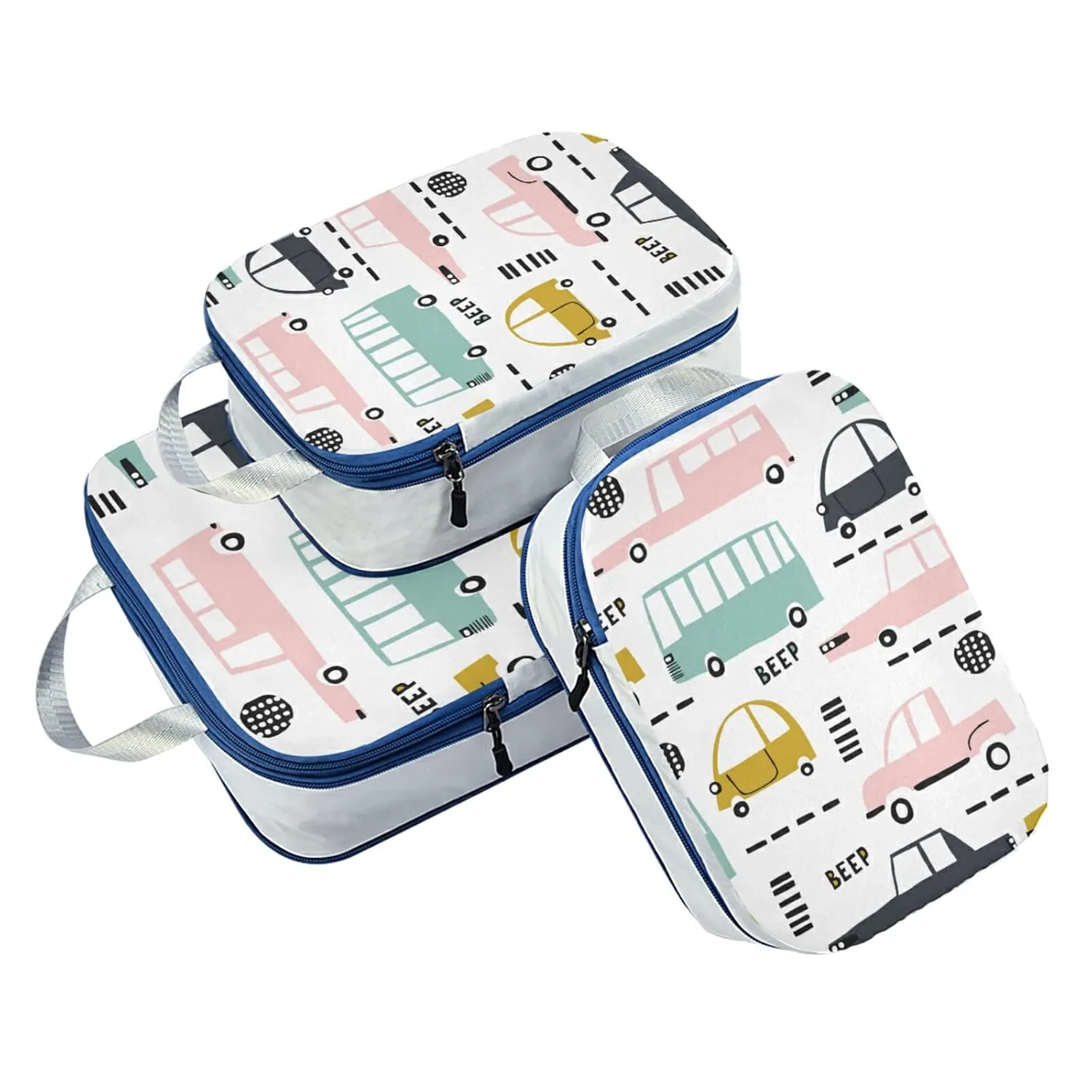 Seamless Cartoon Cars, Road Hatches, Zebra Crossing on White 3 Piece set Cubes Expandable Adjustable Luggage Packing Bags, Ultralight Organizer Accessories Travel Suitcase Compressible Bags