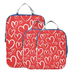 Seamless White Hearts on Red Happy Valentine's Day 3 Piece set Cubes Expandable Adjustable Luggage Packing Bags, Ultralight Organizer Accessories Travel Suitcase Compressible Bags