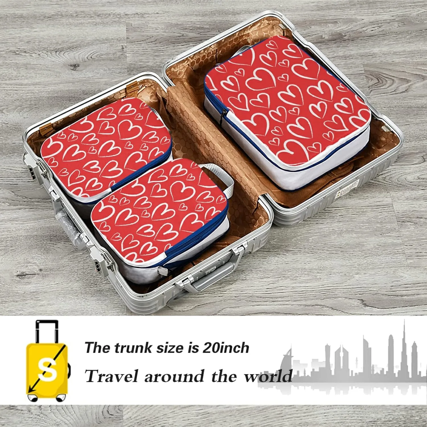 Seamless White Hearts on Red Happy Valentine's Day 3 Piece set Cubes Expandable Adjustable Luggage Packing Bags, Ultralight Organizer Accessories Travel Suitcase Compressible Bags
