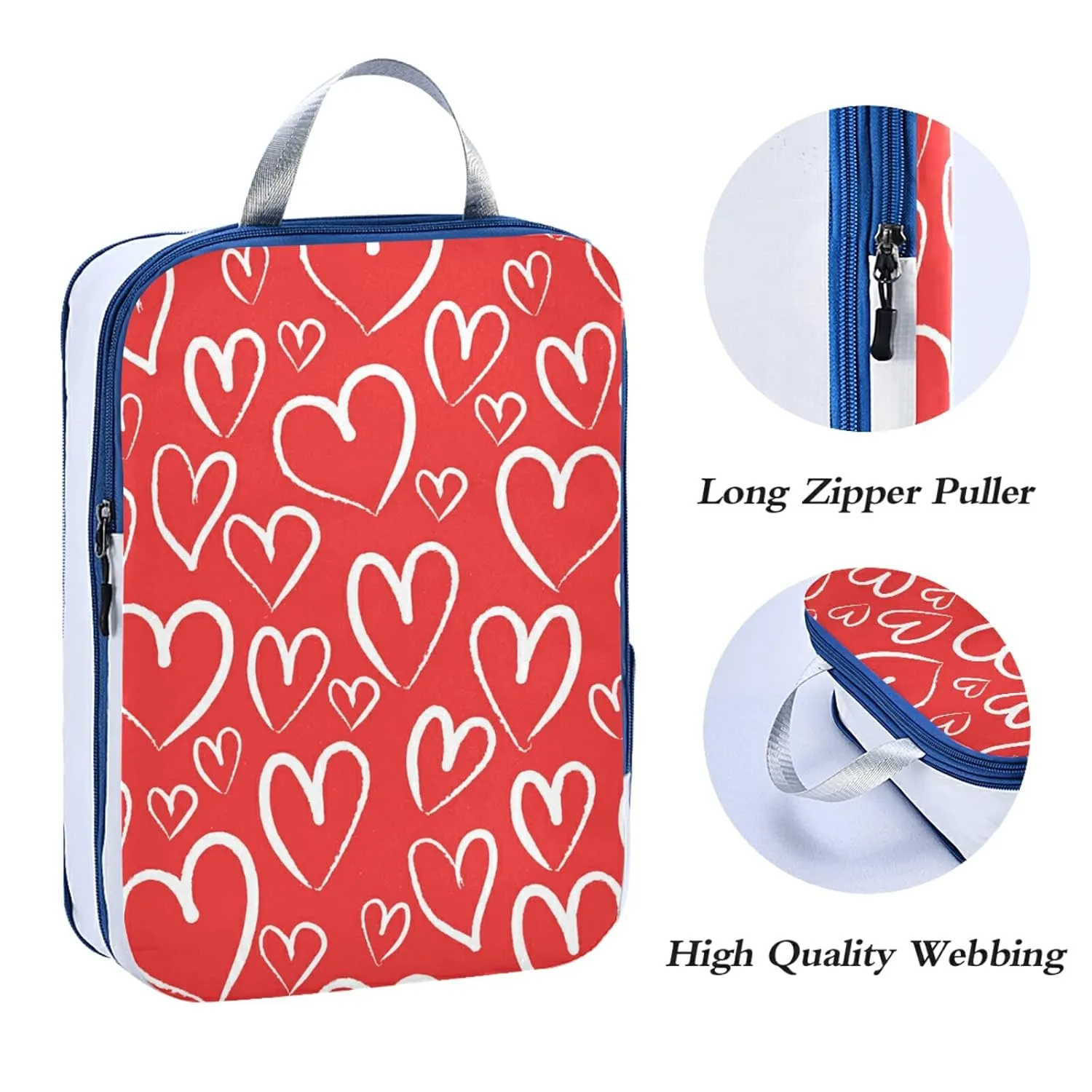 Seamless White Hearts on Red Happy Valentine's Day 3 Piece set Cubes Expandable Adjustable Luggage Packing Bags, Ultralight Organizer Accessories Travel Suitcase Compressible Bags