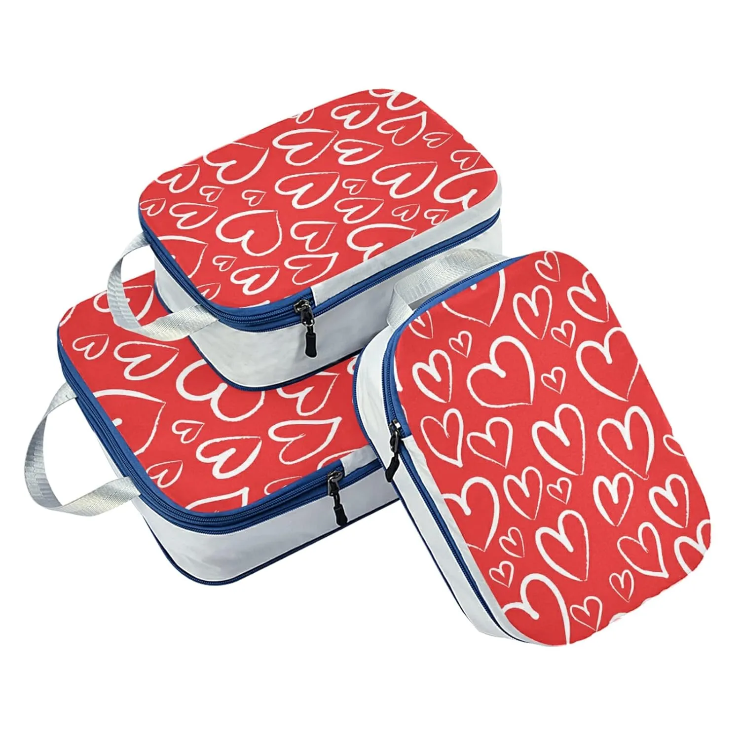 Seamless White Hearts on Red Happy Valentine's Day 3 Piece set Cubes Expandable Adjustable Luggage Packing Bags, Ultralight Organizer Accessories Travel Suitcase Compressible Bags