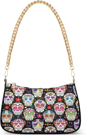 Shoulder Bags for Women Skeleton Skull and Rose Flowers Hobo Tote Handbag Small Clutch Purse with Zipper Closure