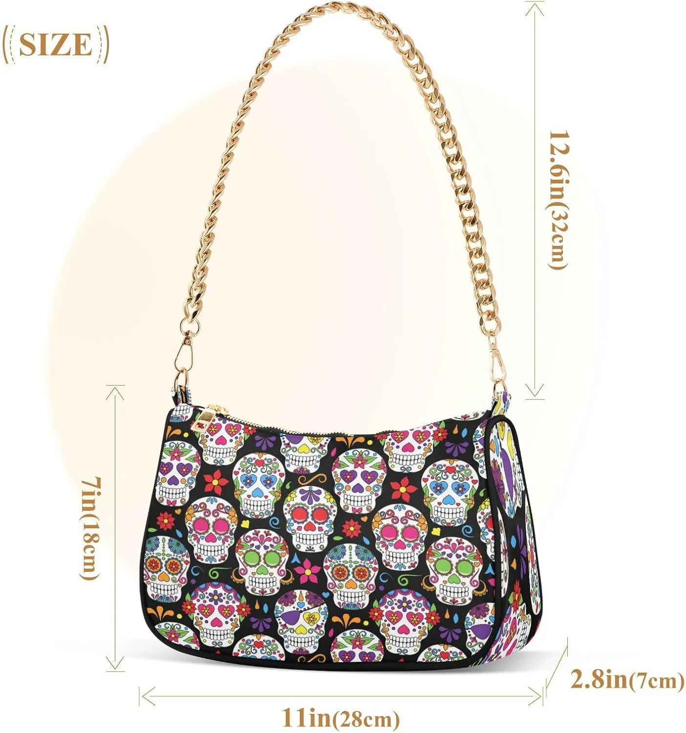 Shoulder Bags for Women Skeleton Skull and Rose Flowers Hobo Tote Handbag Small Clutch Purse with Zipper Closure