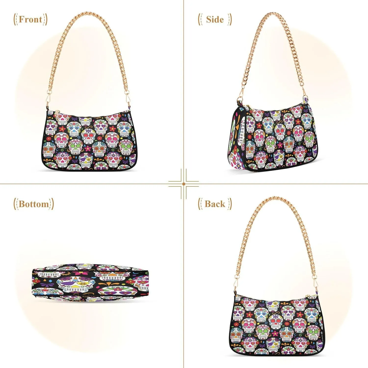 Shoulder Bags for Women Skeleton Skull and Rose Flowers Hobo Tote Handbag Small Clutch Purse with Zipper Closure