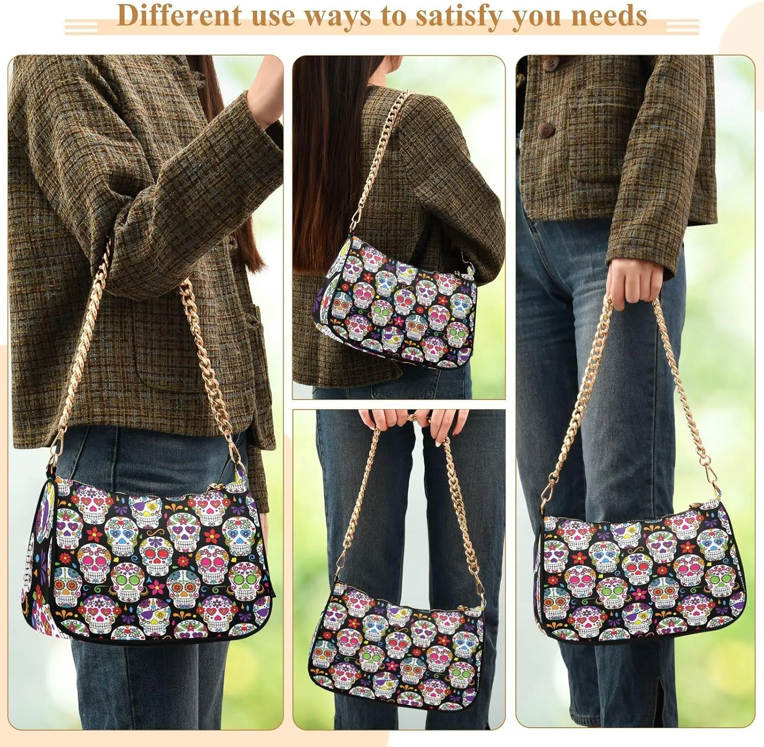 Shoulder Bags for Women Skeleton Skull and Rose Flowers Hobo Tote Handbag Small Clutch Purse with Zipper Closure