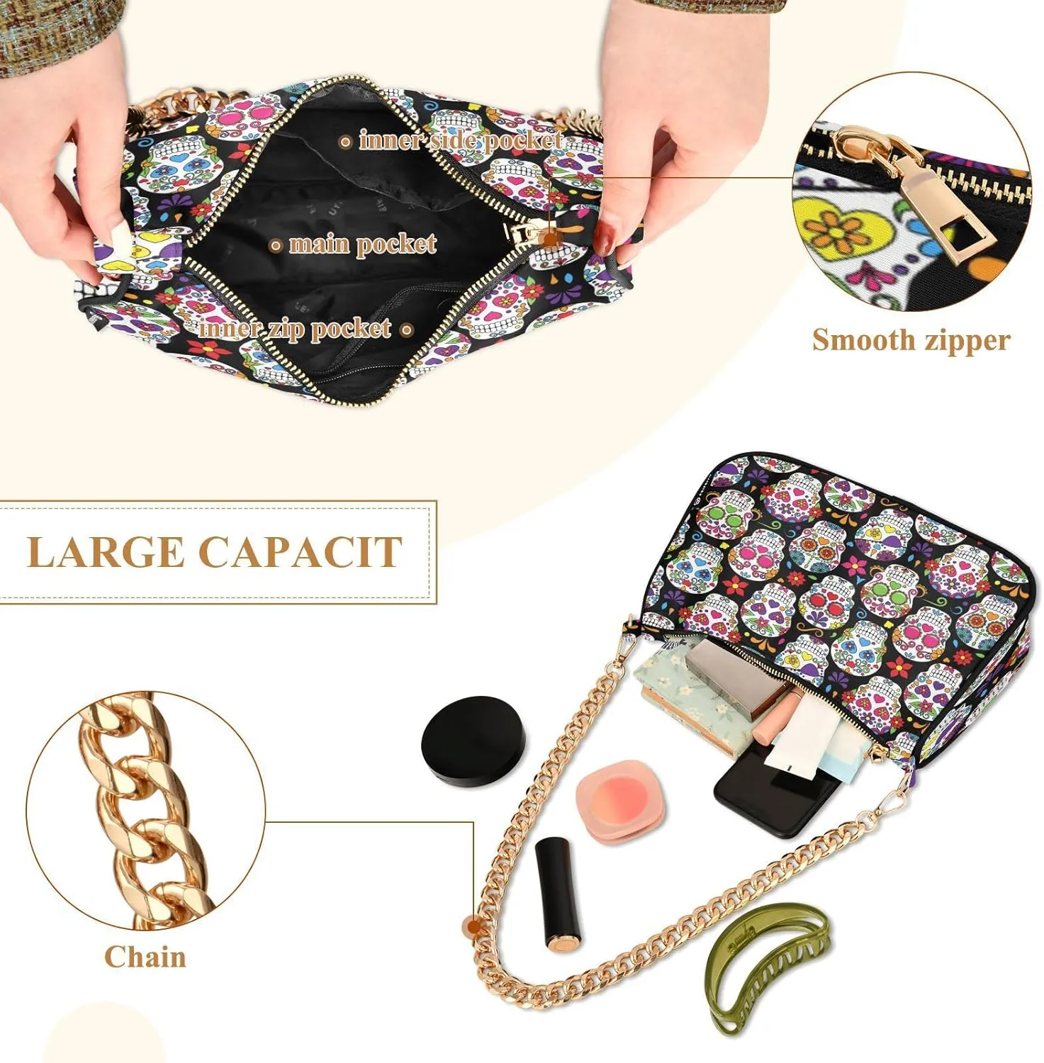 Shoulder Bags for Women Skeleton Skull and Rose Flowers Hobo Tote Handbag Small Clutch Purse with Zipper Closure