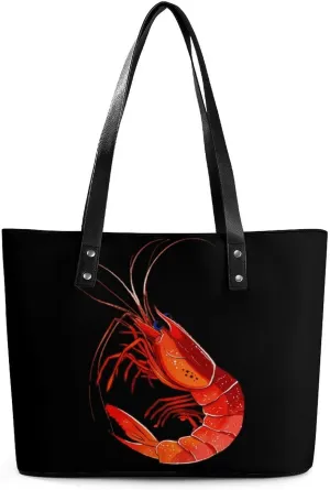 Shrimp Seafood Novelty Fashion Women's Handbags Printed Tote Bag Shoulder Purse Top Handle With Pocket 11 X 11.5 X 5.5 Inch