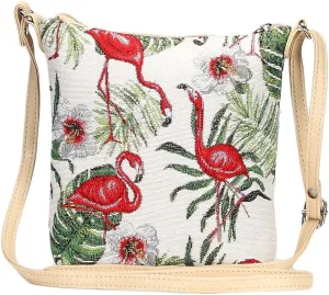 Signare Tapestry Small Crossbody Bag Sling Bag for Women with Pink and Green Flamingo Design (SLING-FLAM)