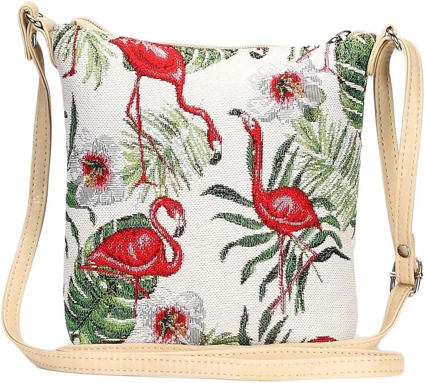 Signare Tapestry Small Crossbody Bag Sling Bag for Women with Pink and Green Flamingo Design (SLING-FLAM)