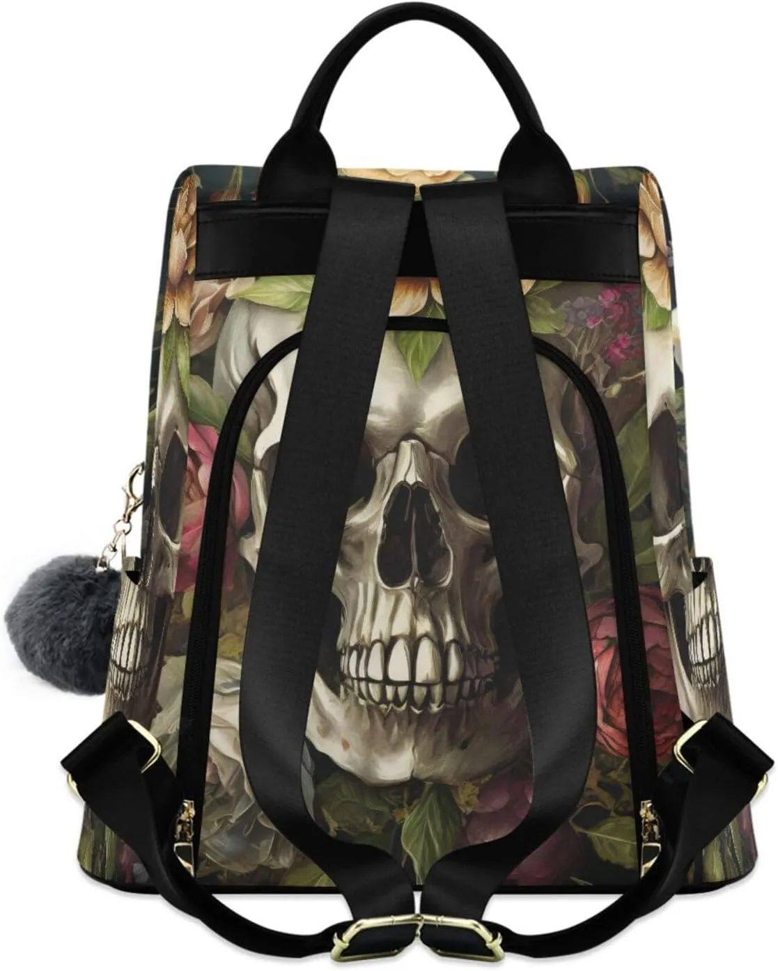 Skull & Flower Backpack for Women Anti Theft Large Fashion Travel Shoulder Bags Ladies Multiple Pockets Handbags Purse