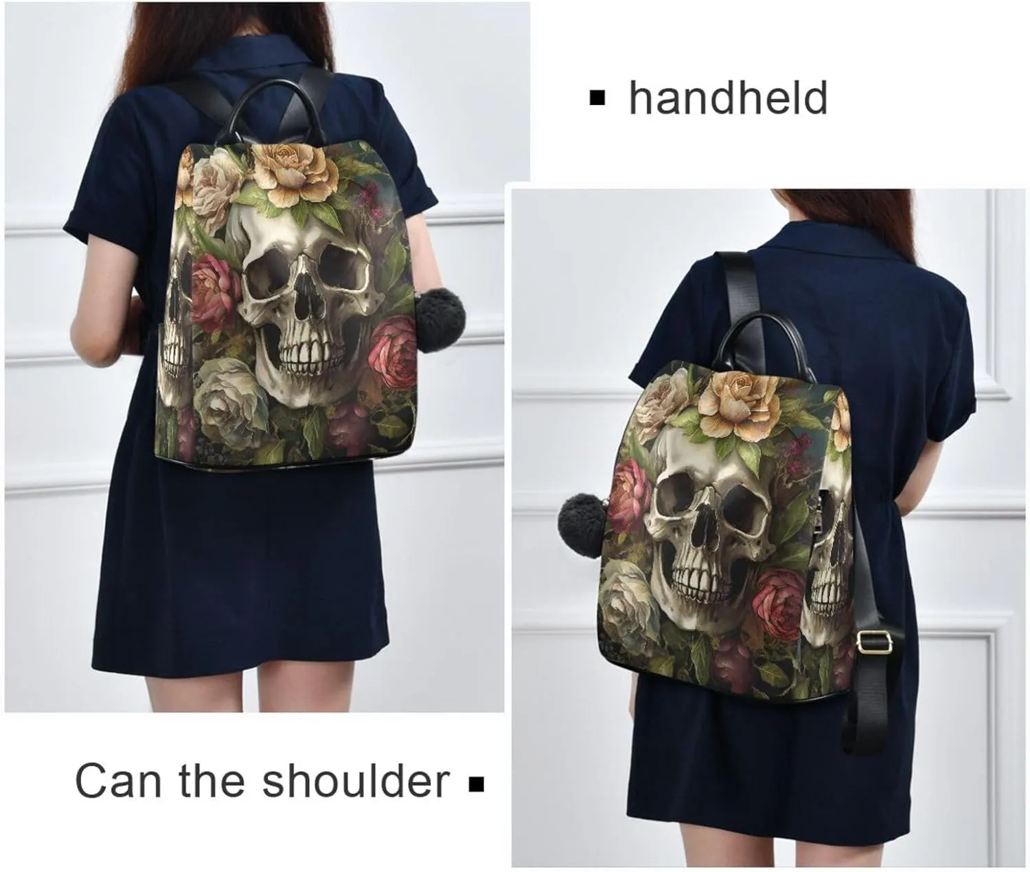 Skull & Flower Backpack for Women Anti Theft Large Fashion Travel Shoulder Bags Ladies Multiple Pockets Handbags Purse