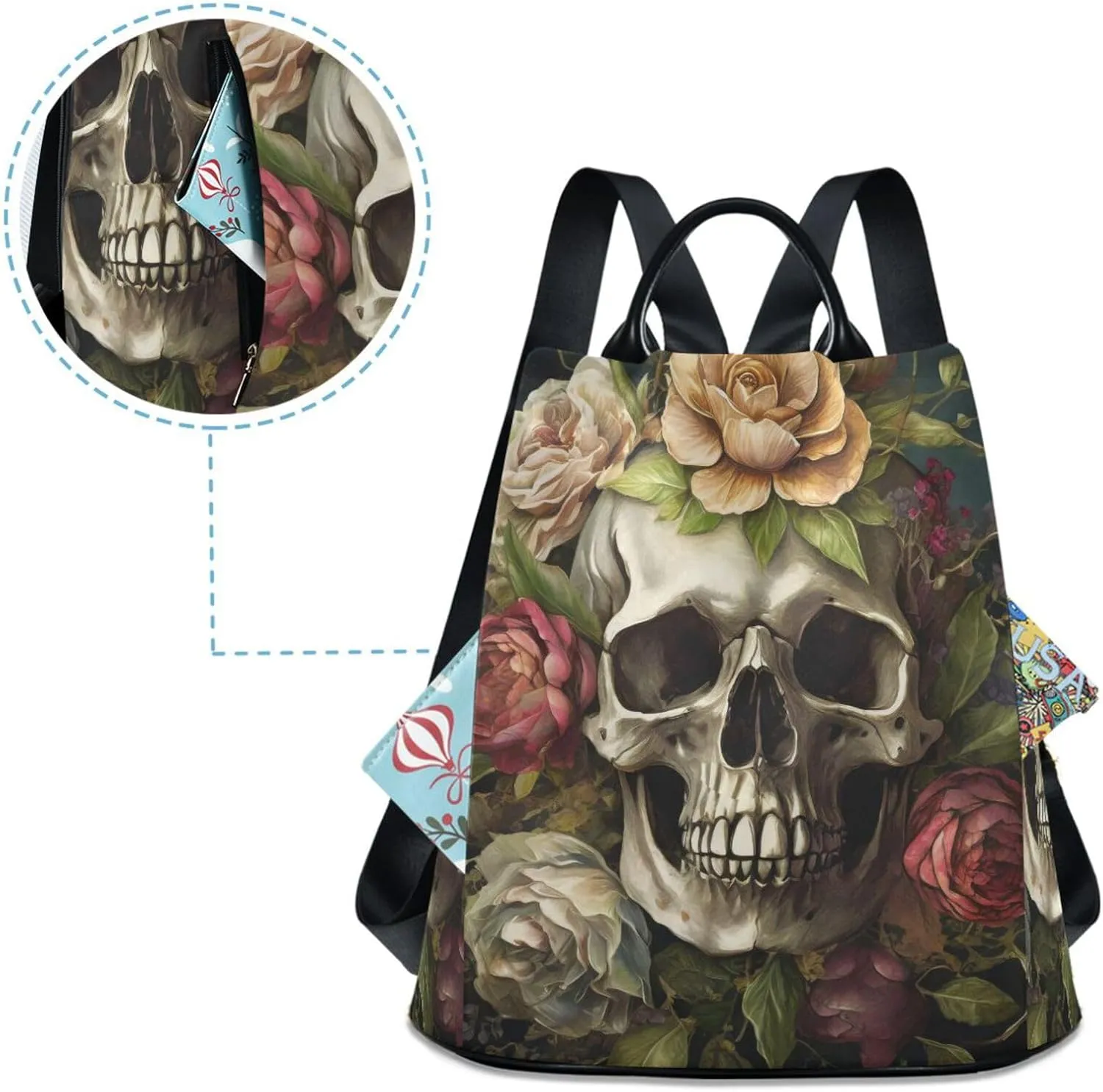 Skull & Flower Backpack for Women Anti Theft Large Fashion Travel Shoulder Bags Ladies Multiple Pockets Handbags Purse