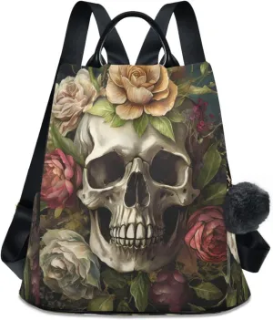 Skull & Flower Backpack for Women Anti Theft Large Fashion Travel Shoulder Bags Ladies Multiple Pockets Handbags Purse