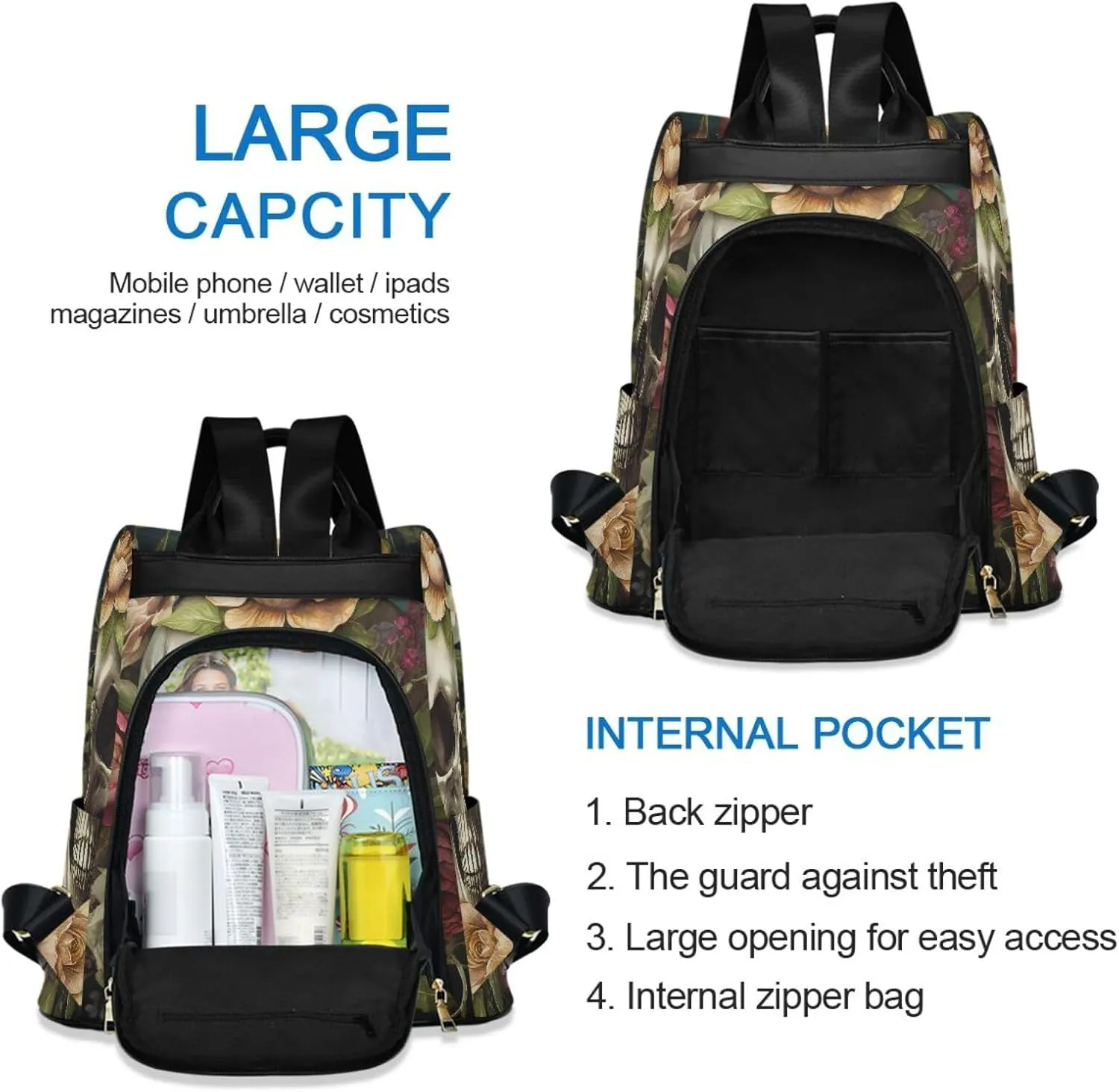 Skull & Flower Backpack for Women Anti Theft Large Fashion Travel Shoulder Bags Ladies Multiple Pockets Handbags Purse