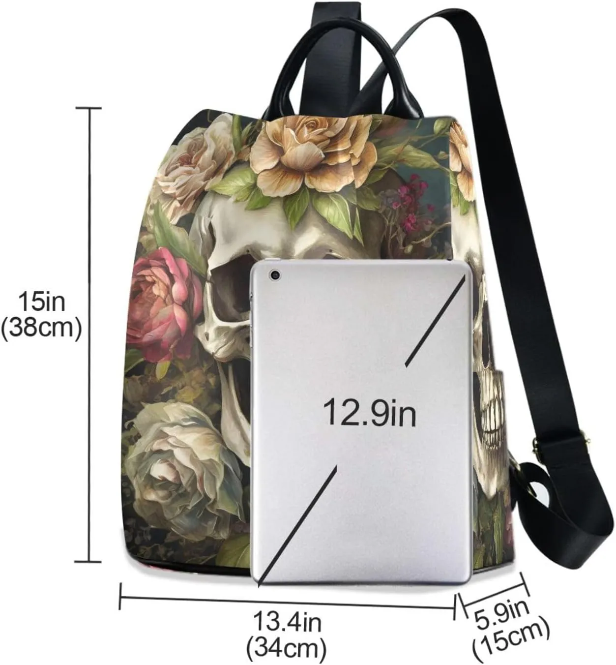 Skull & Flower Backpack for Women Anti Theft Large Fashion Travel Shoulder Bags Ladies Multiple Pockets Handbags Purse