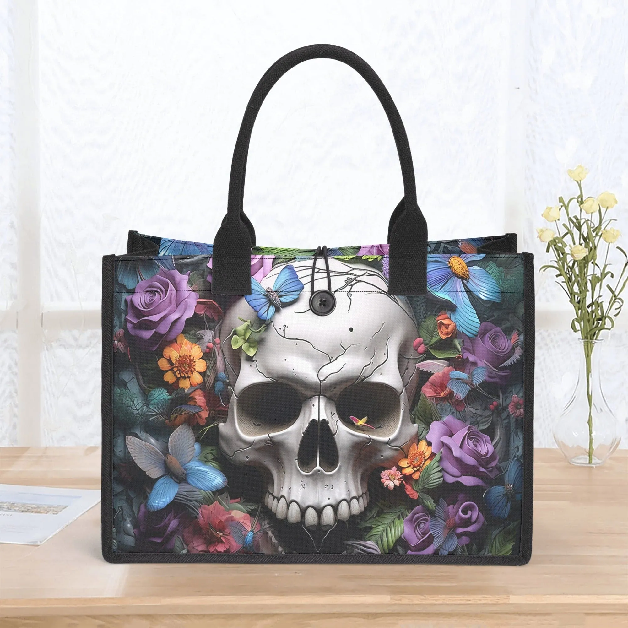 Skull and Floral Butterfly Design Tote Bag A Unique Statement Piece