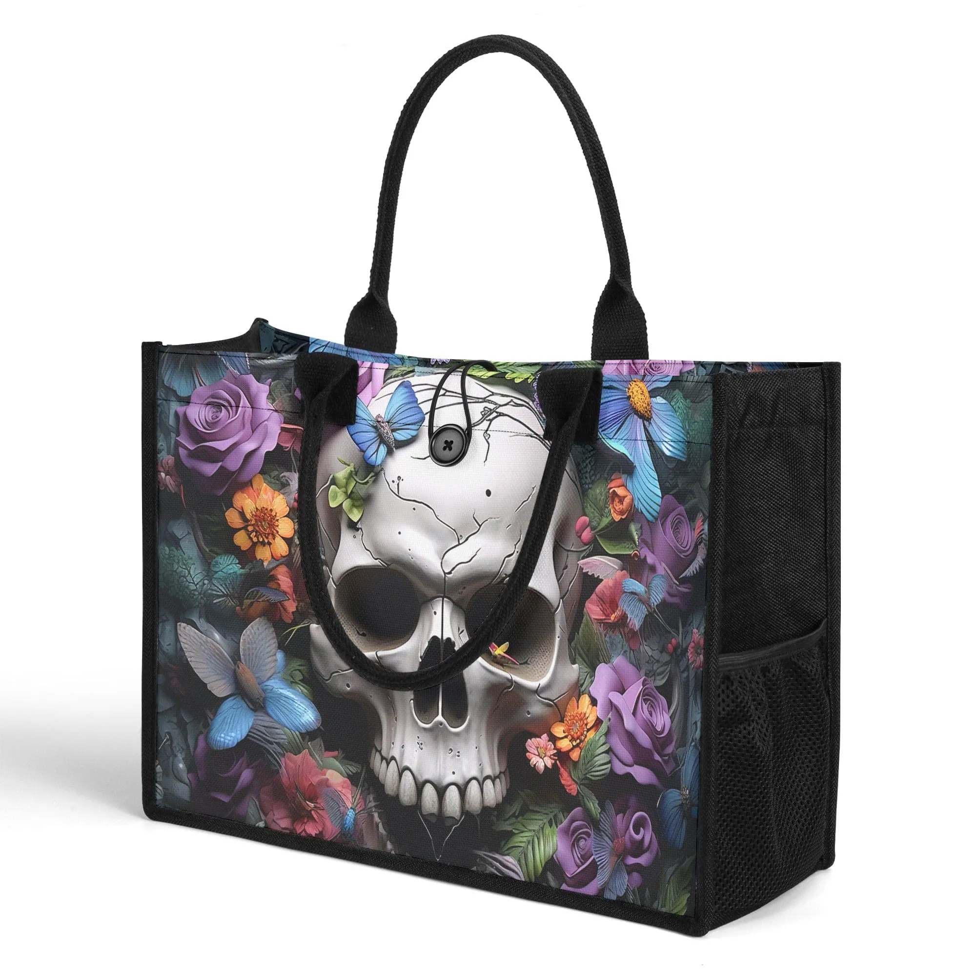 Skull and Floral Butterfly Design Tote Bag A Unique Statement Piece