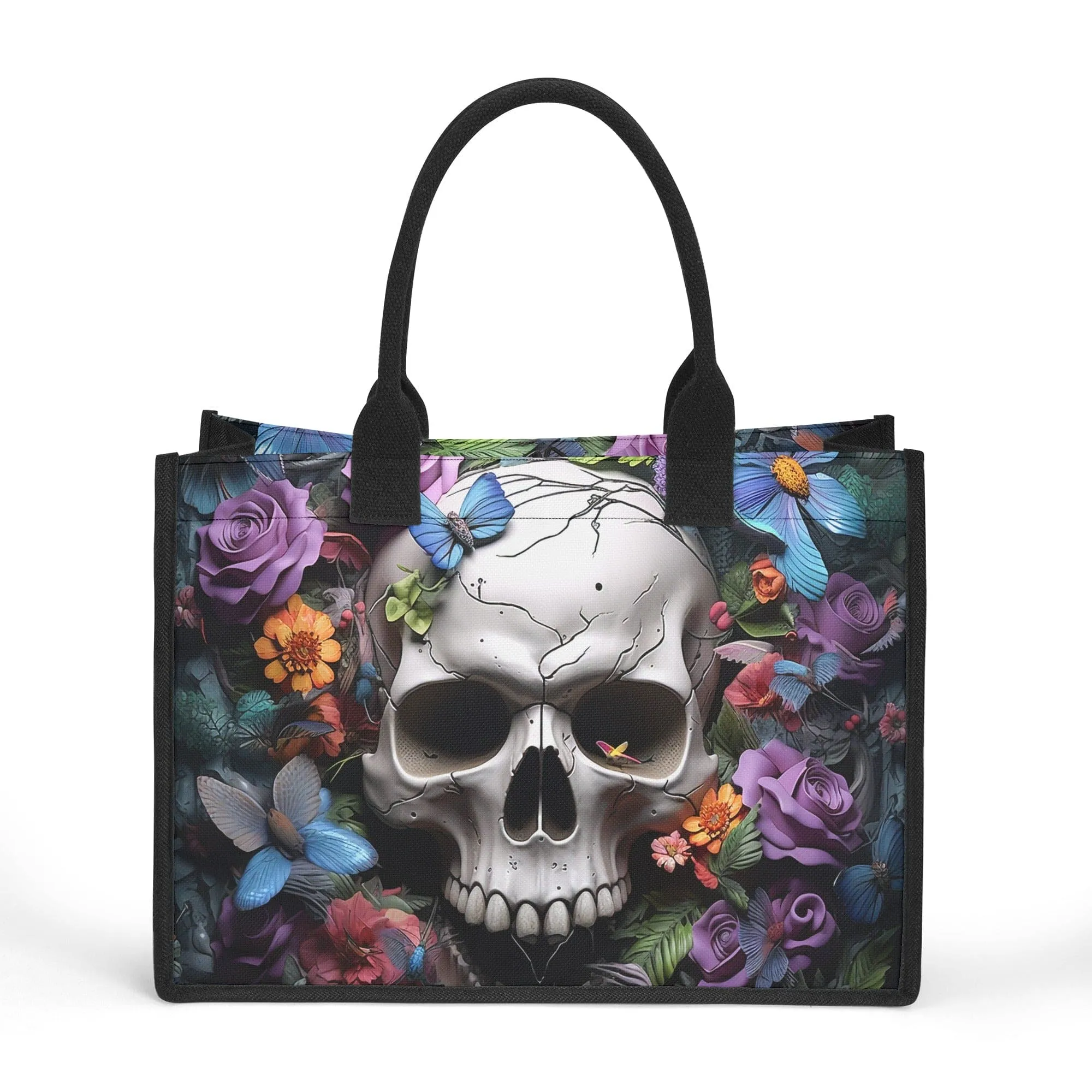 Skull and Floral Butterfly Design Tote Bag A Unique Statement Piece