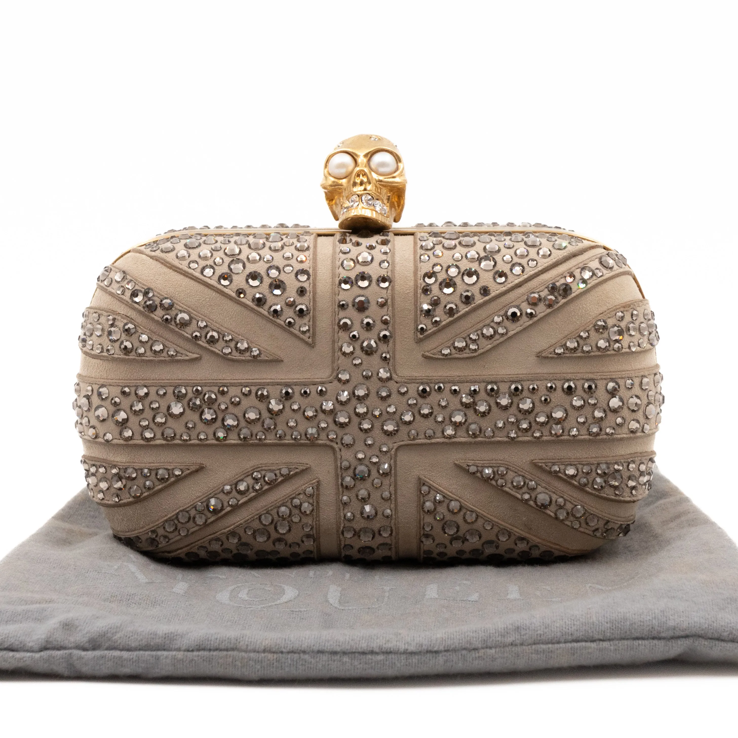 Skull Clutch Britannia Union Jack Crystal Beige Suede