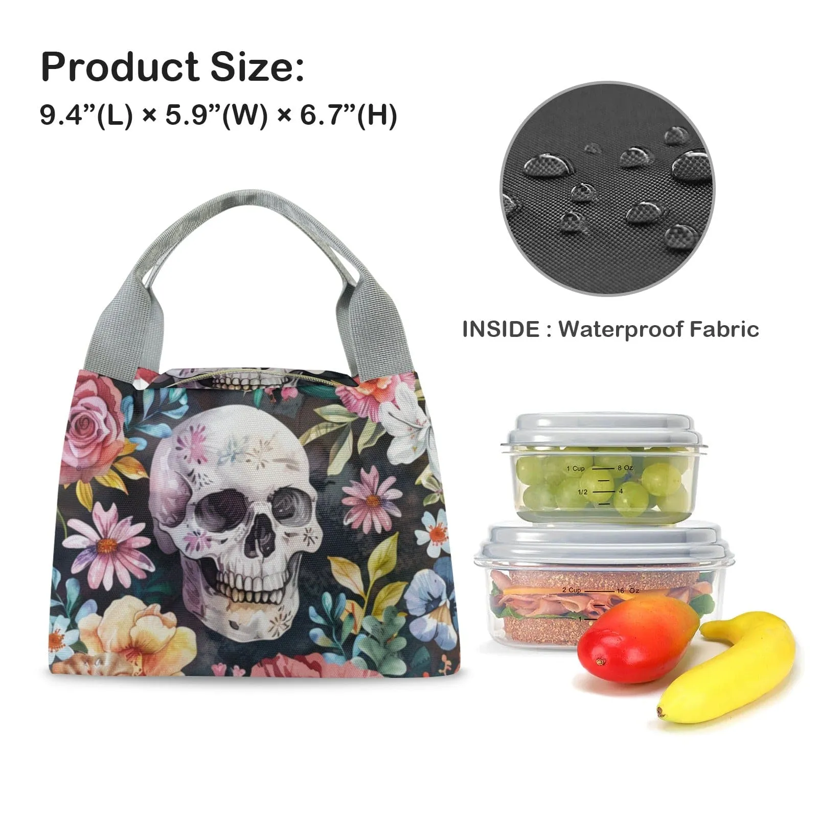 Skull Flowers Gray Handle Lunch Bag