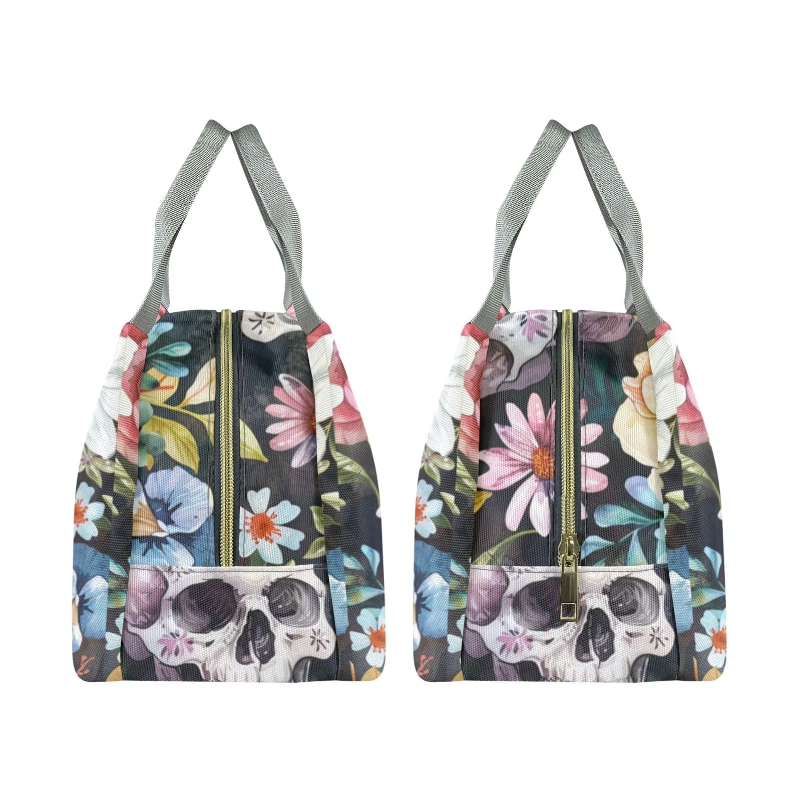Skull Flowers Gray Handle Lunch Bag