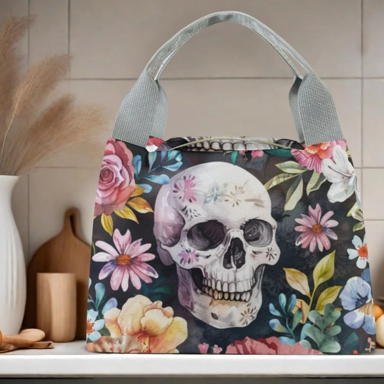 Skull Flowers Gray Handle Lunch Bag