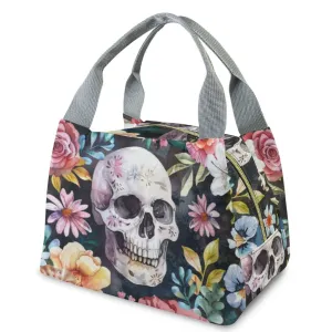 Skull Flowers Gray Handle Lunch Bag