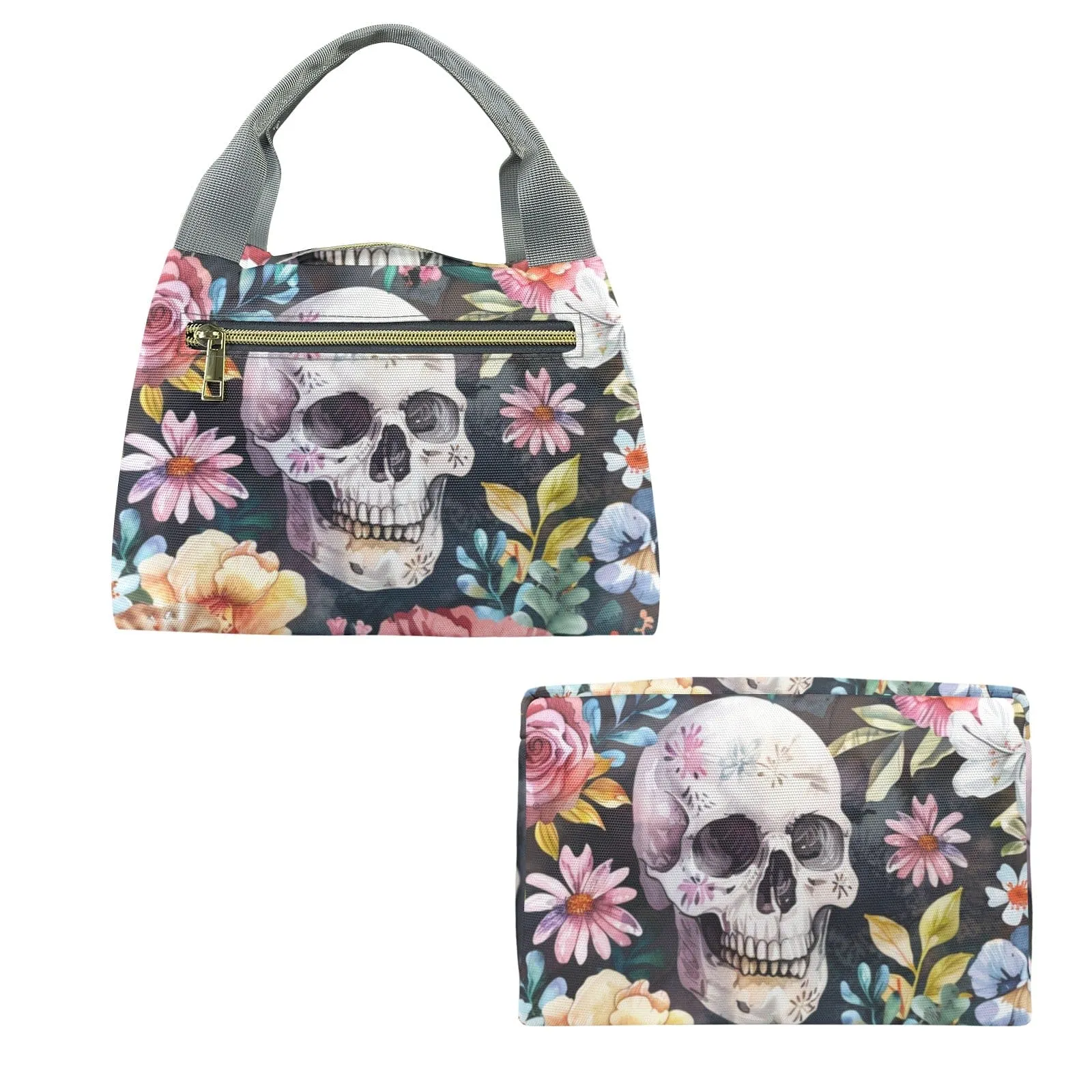 Skull Flowers Gray Handle Lunch Bag