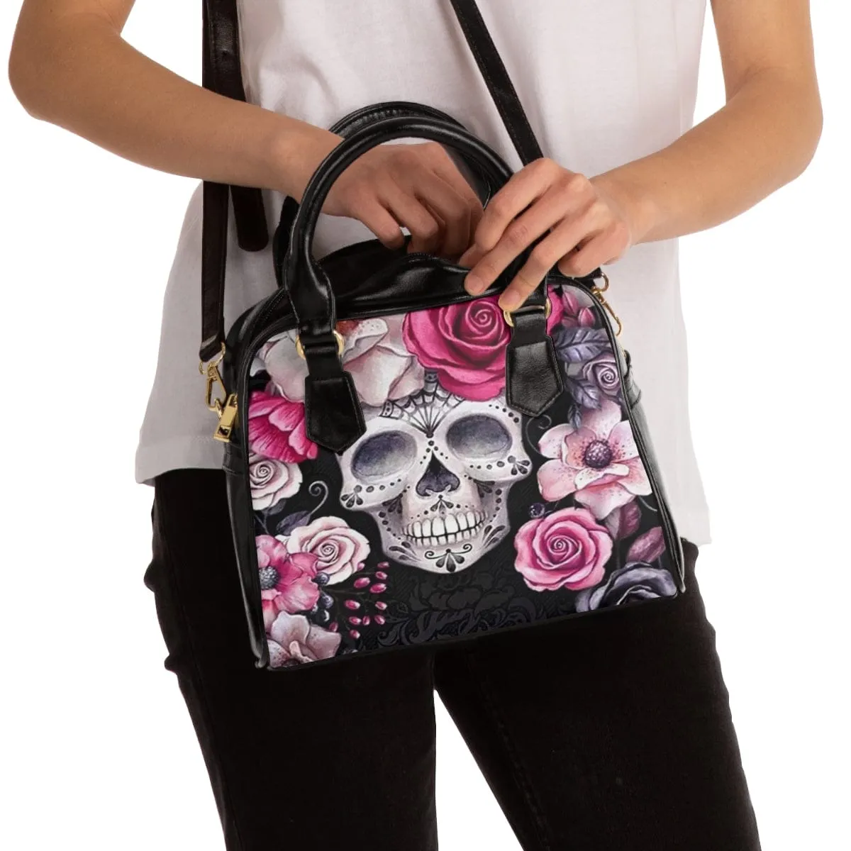 Skull Pink Floral Shoulder Handbag