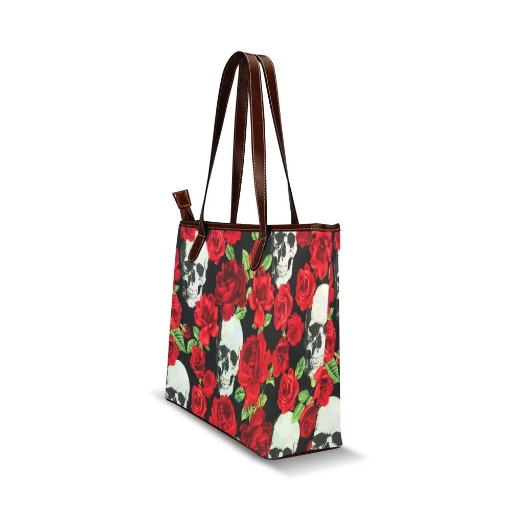 Skull Red Roses Shoulder Tote Bag