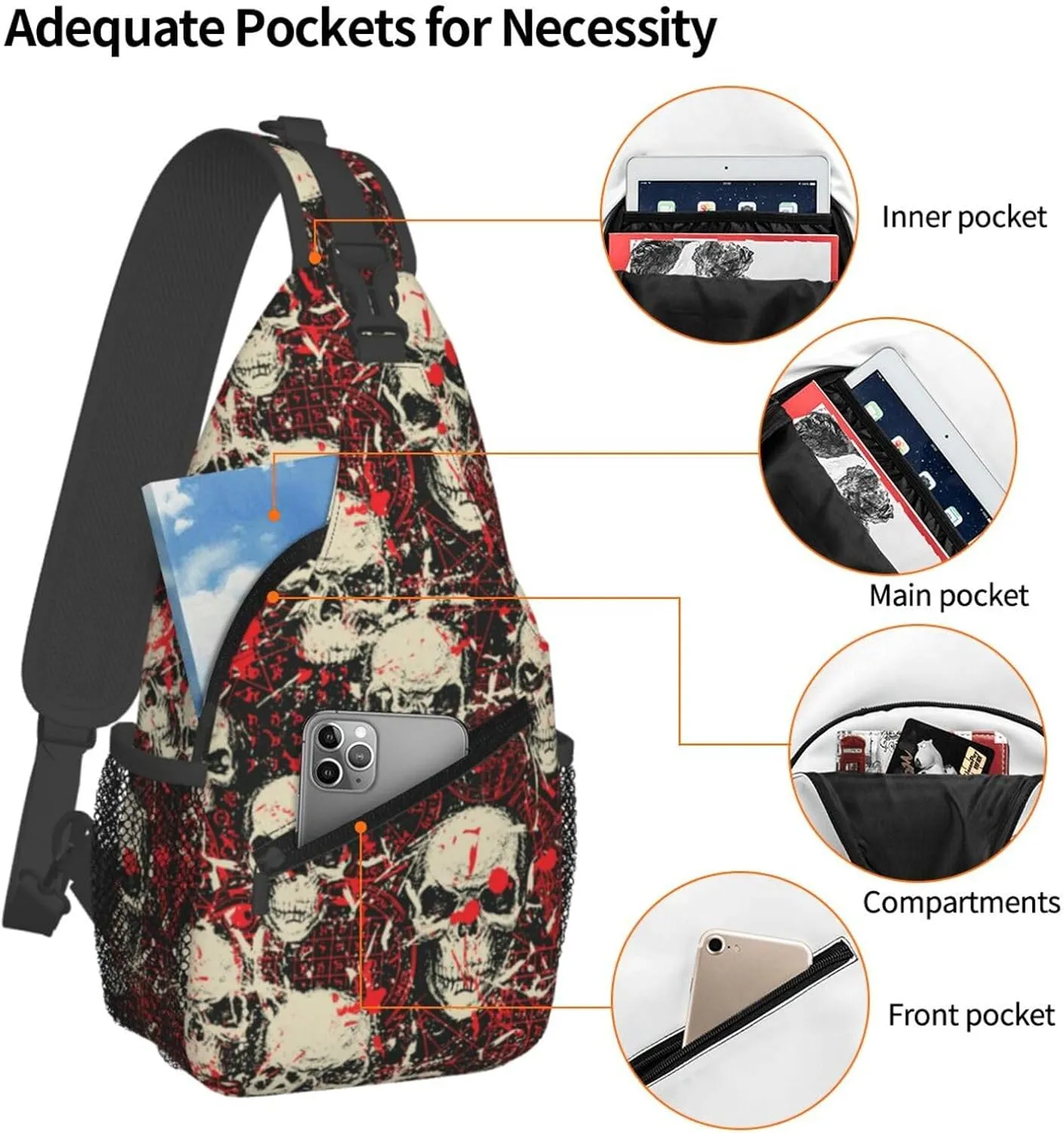 Skull Sling Backpack Chest Bag Crossbody Shoulder Bag Gym Cycling Travel Hiking Daypack For Men Women
