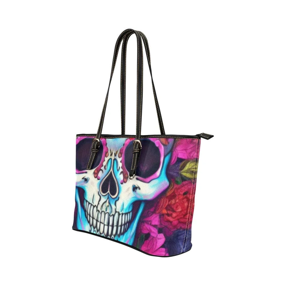 Skull Smiling Face Colorful Leather Large Tote Bag