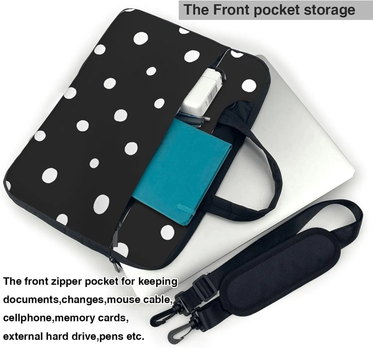 Slim Laptop Case with Strap Laptop Tote Bag Computer Messenger Bag Travel Essentials - Black And White Polka Dot