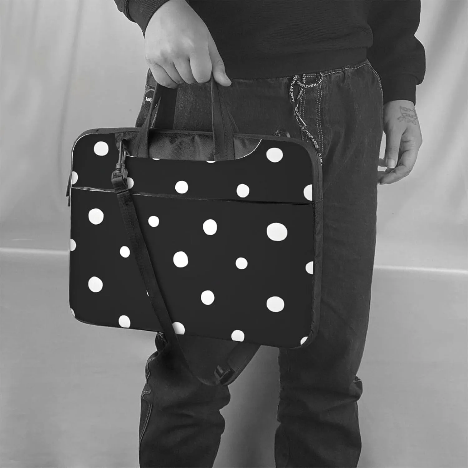 Slim Laptop Case with Strap Laptop Tote Bag Computer Messenger Bag Travel Essentials - Black And White Polka Dot