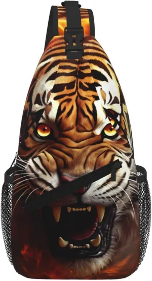 Sling Bag For Women Men Travel Hiking Backpack Crossbody Shoulder Chest Bags Tiger Fierce Flames Casual Daypack